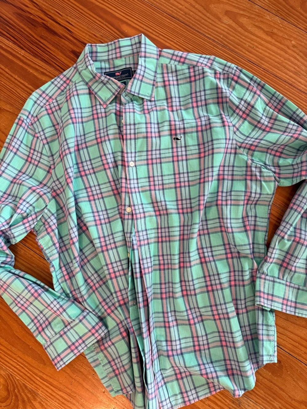 Vineyard Vines Men's Mint Green & Pink Plaid Button-Up Shirt